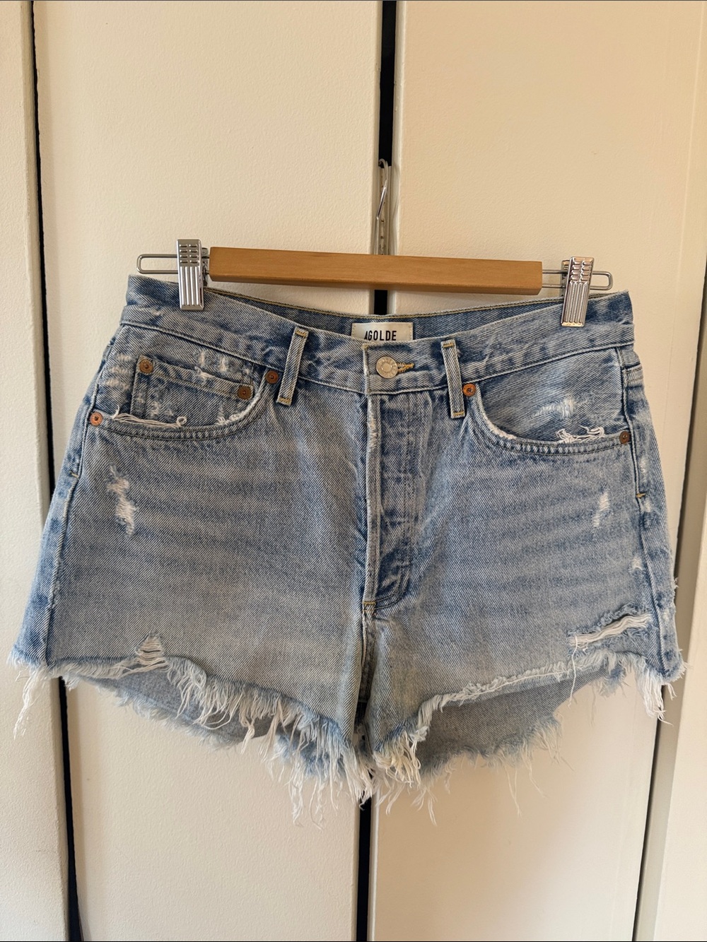 Agolde Light Wash Frayed Denim Shorts